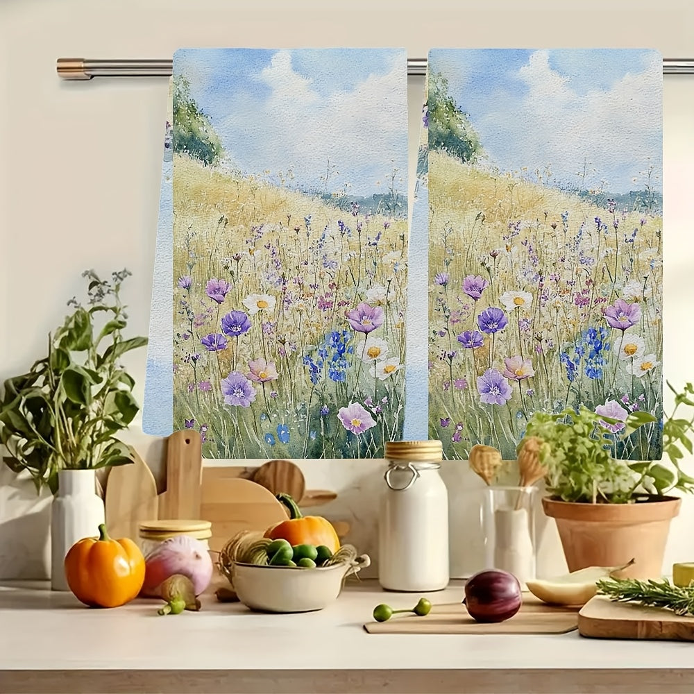 Two Pieces Ultra Soft Kitchen Towels Wildflower Meadow Design 40x60cm Absorbent