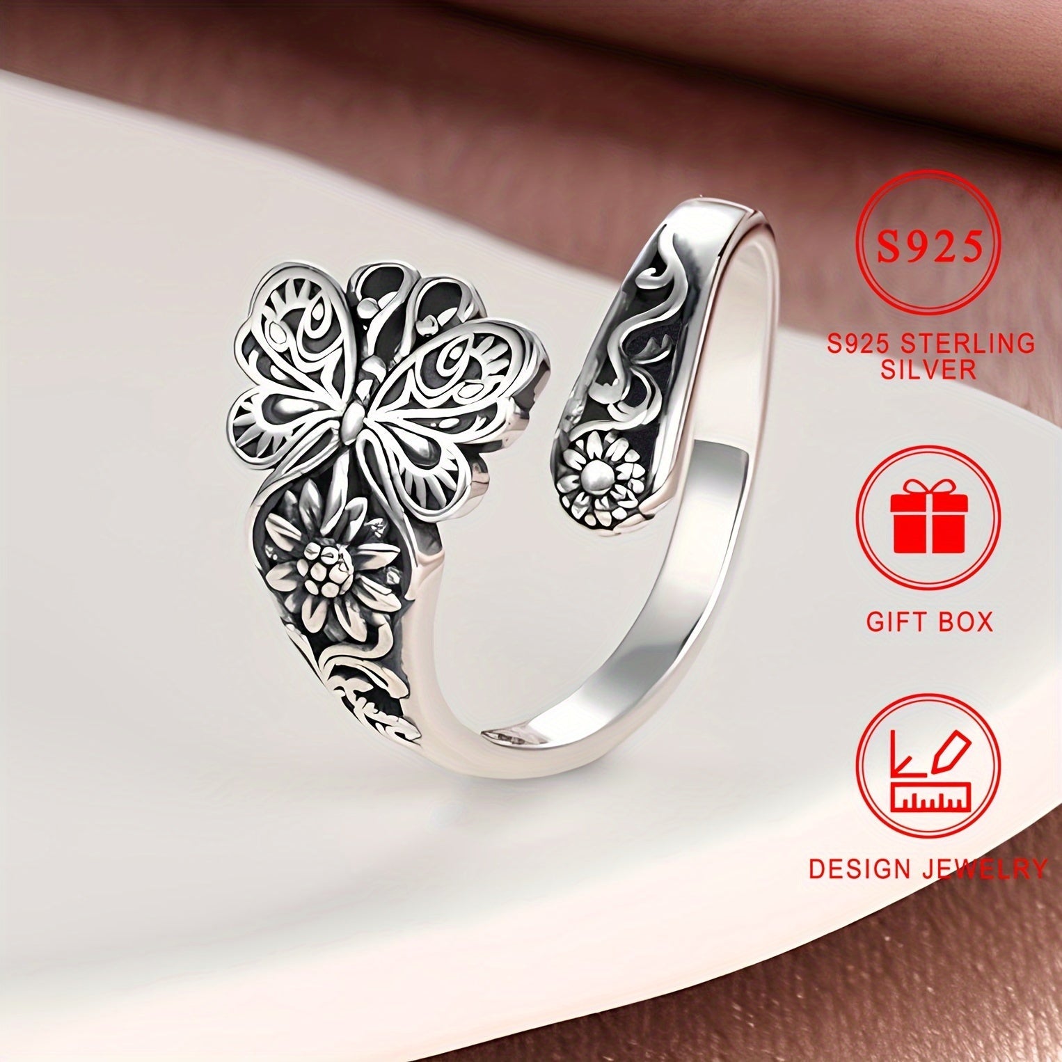 Sterling Silver Butterfly Flower Carved Ring with 18k Gold Plating for Women