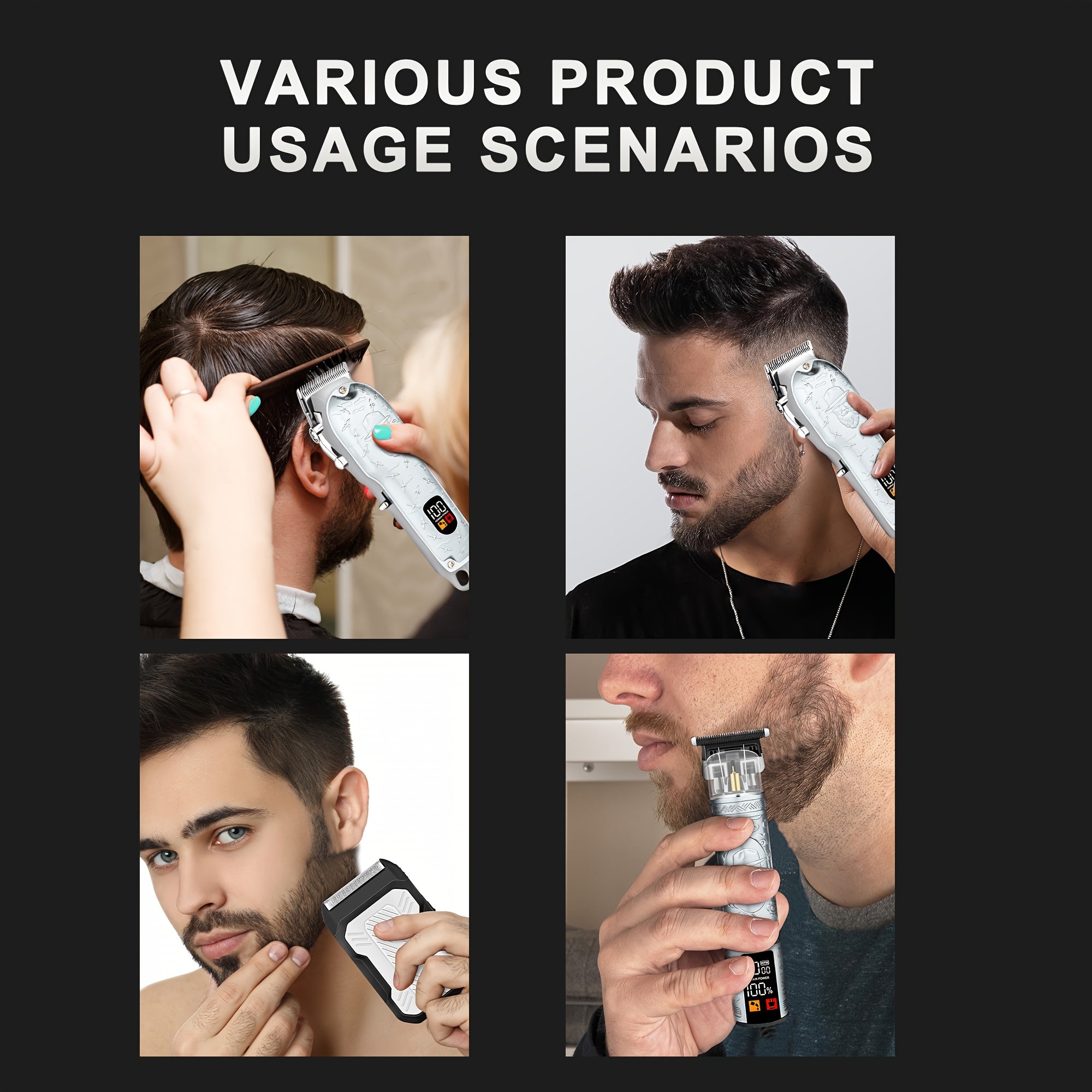 3pcs Professional Hair Clipper Set USB Rechargeable Electric Razor Beard Trimmer Digital Display includes Scissors Comb Cleaning Brush Wireless Men