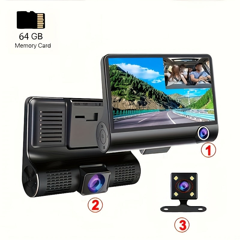 Cámara de tablero para coche con visión nocturna de tres lentes, grabación en bucle 720p, memoria de 64GB