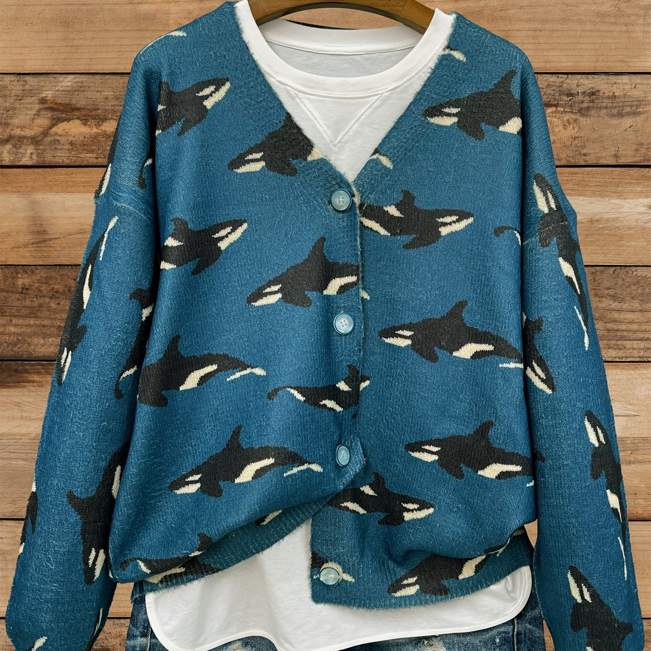 Women's Plus Size V-Neck Cardigan Sweater Polyester Knit Whale Print Long Sleeve Fall Winter