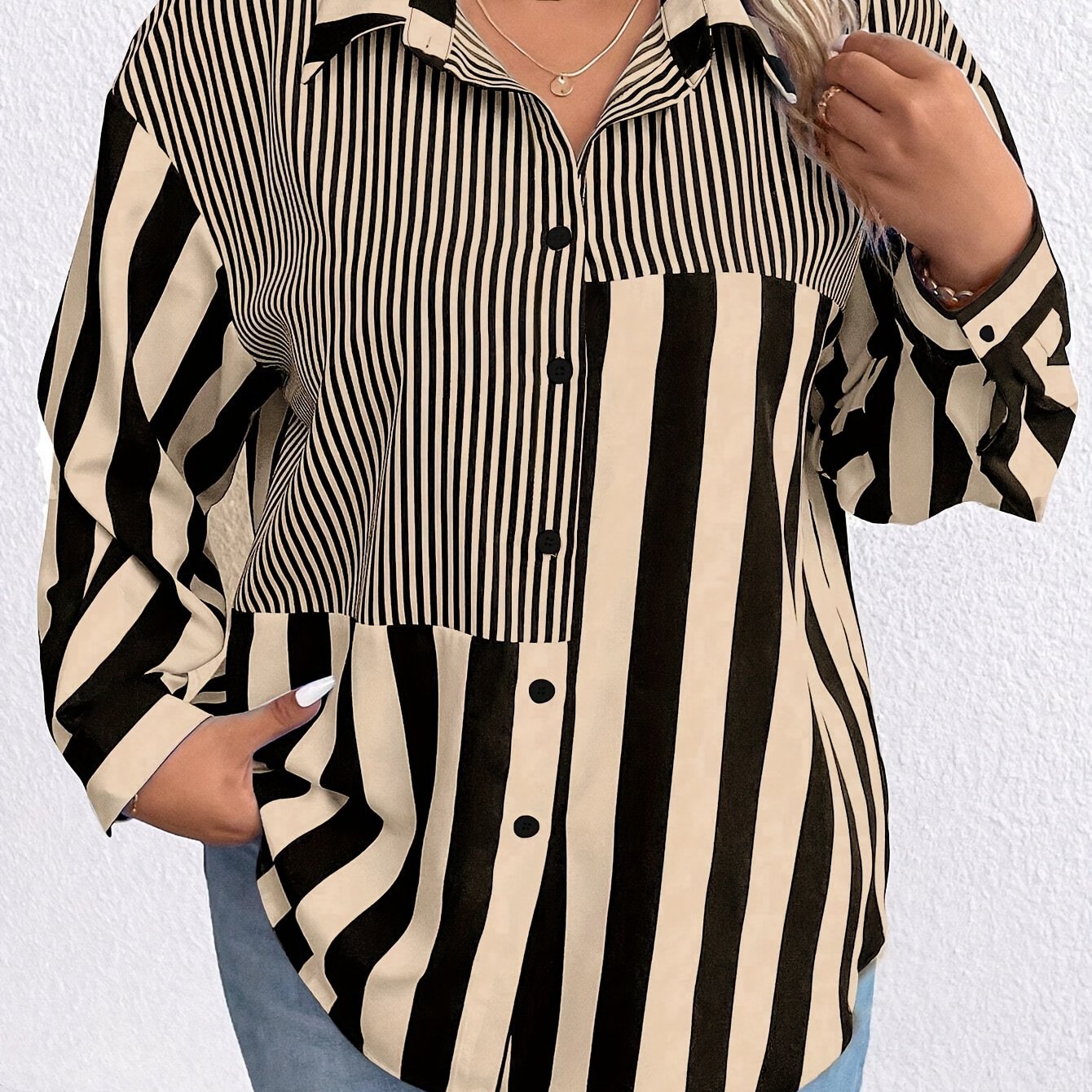 Plus Size Striped Colorblock Shirt Long Sleeve Button-Up Fall Casual