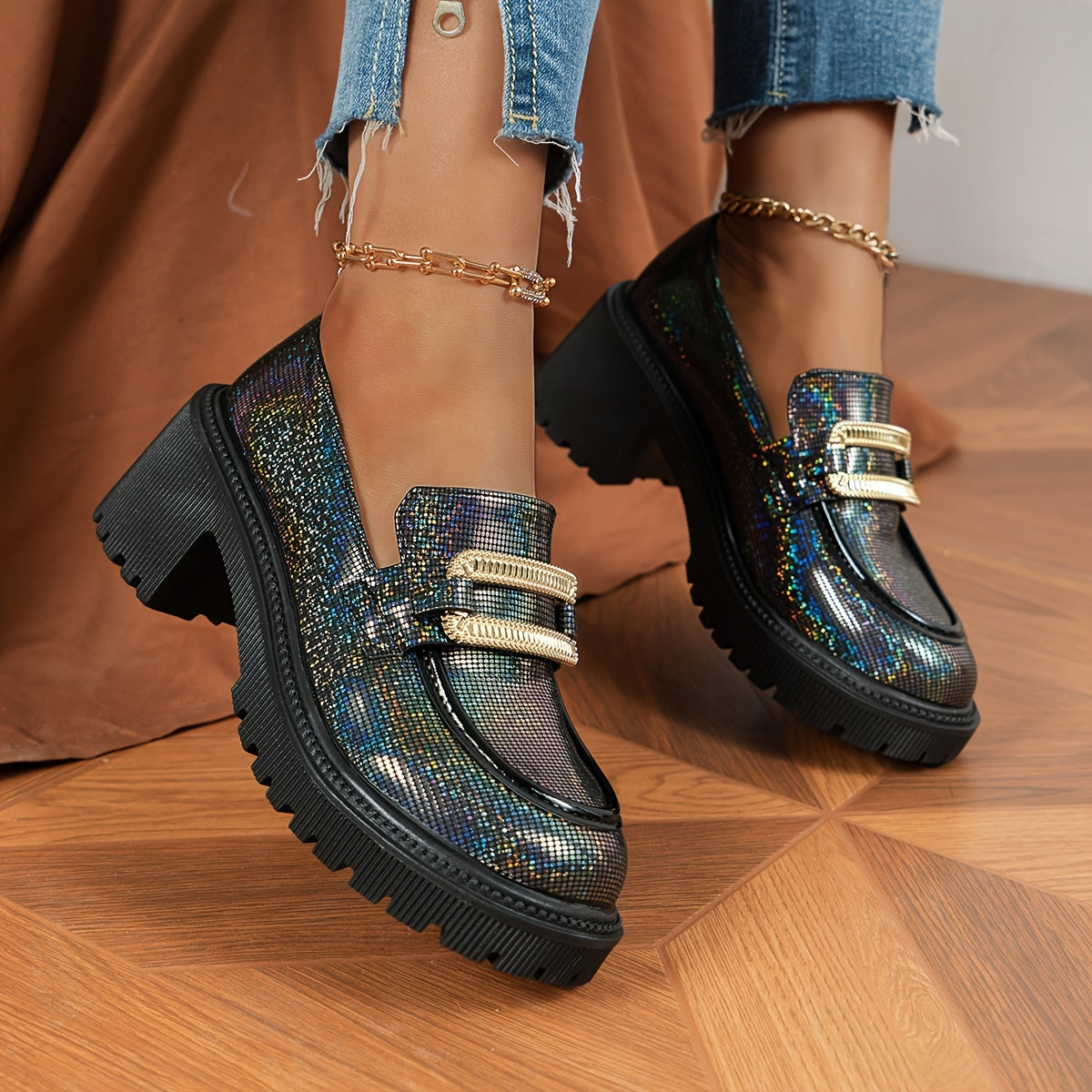 Women's Glitter Loafers Pink Sequin Slip-On Shoes with Chunky Heel