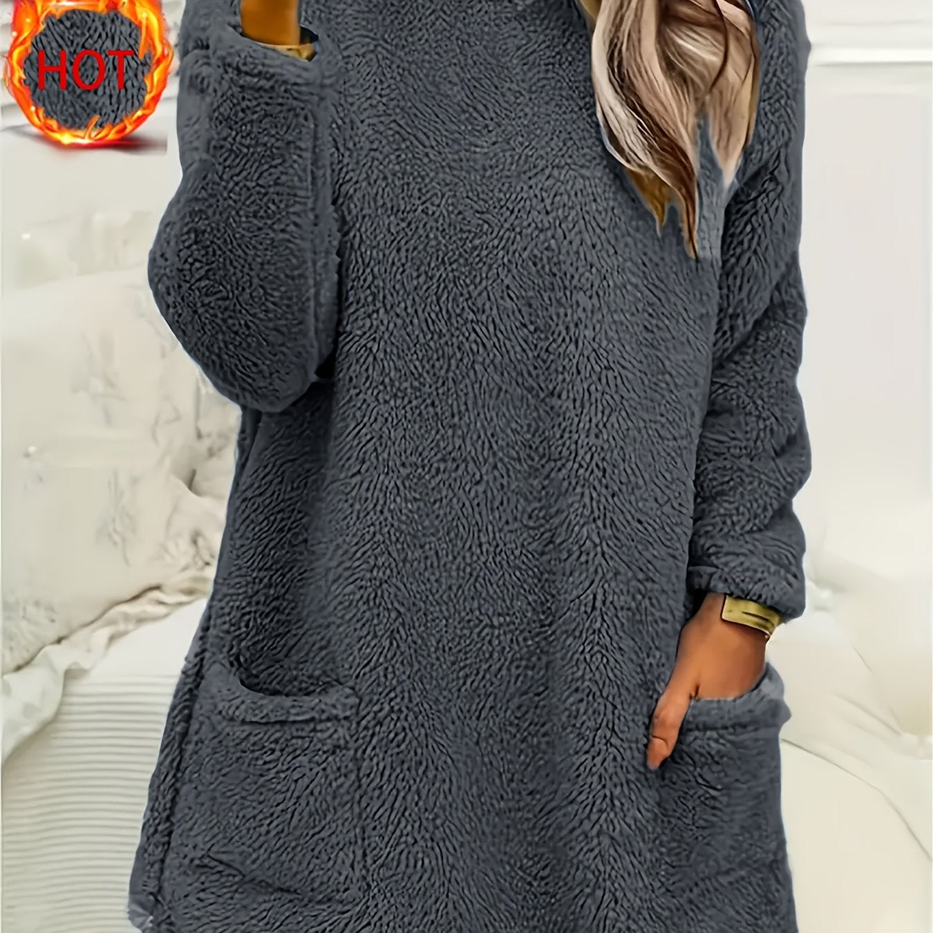Women's Teddy Fleece Crew Neck Sweatshirt with Long Sleeves and Pocket for Fall Winter