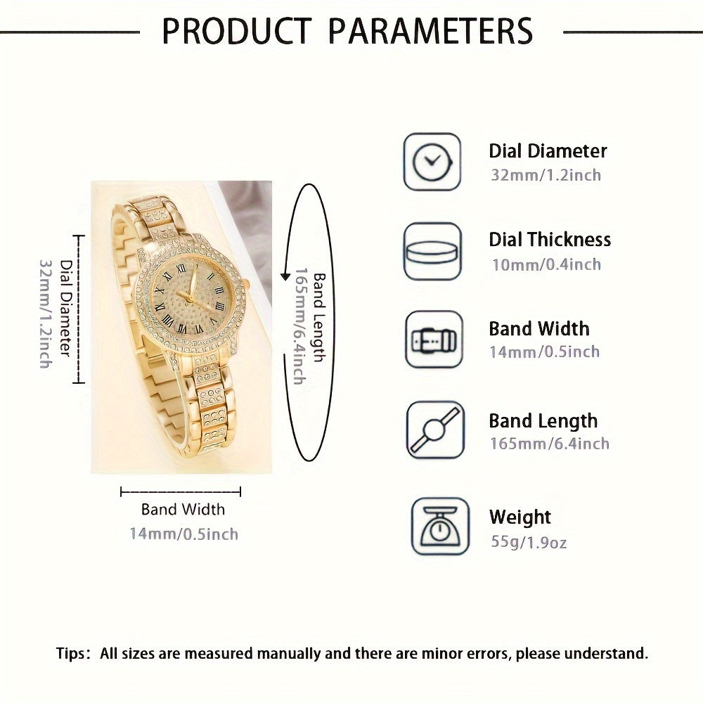 Set de reloj y joyería de 6 piezas con cristales de oro para mujer con movimiento de cuarzo