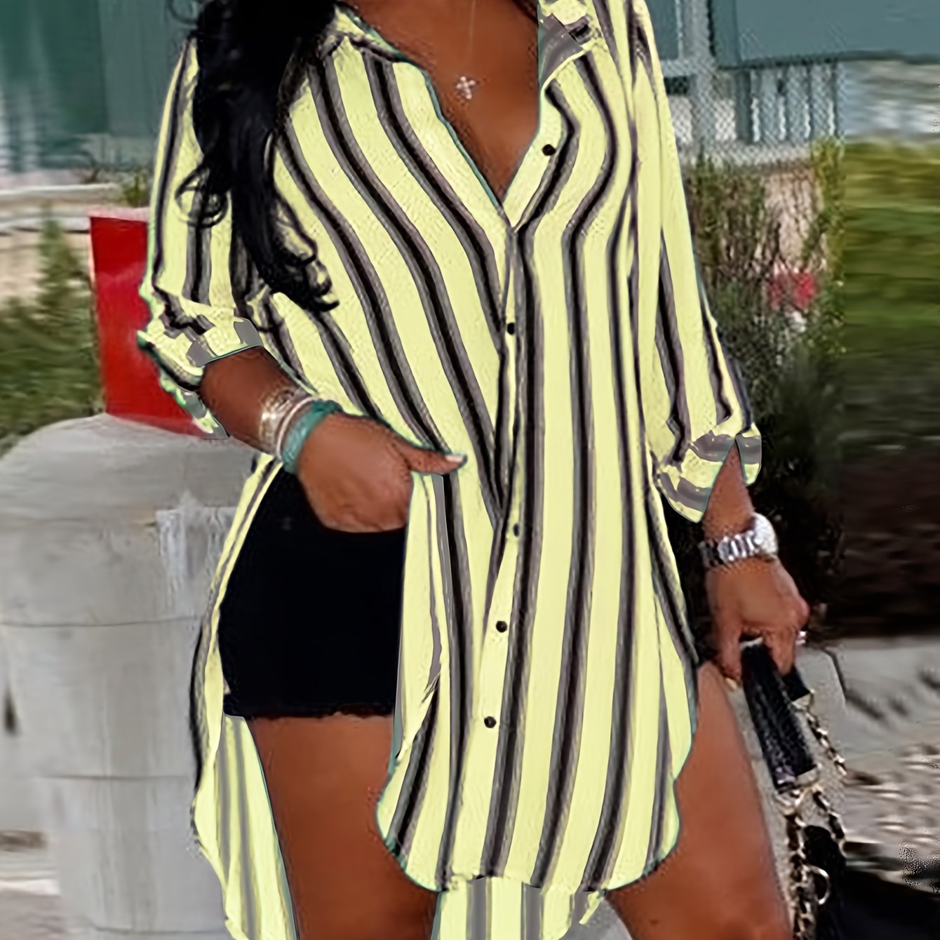 Plus Size Women's Striped Shirt with Side Slit Black and White Casual Outfits