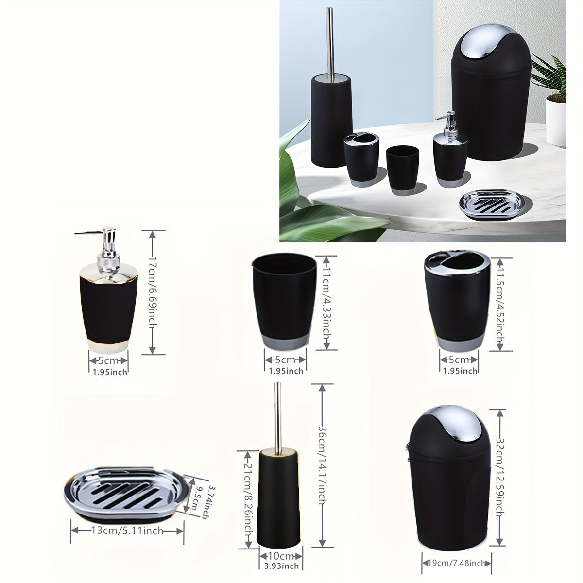 Bathroom Storage Set with Toilet Brush Lotion Bottle Toothbrush Holder and Trash Can