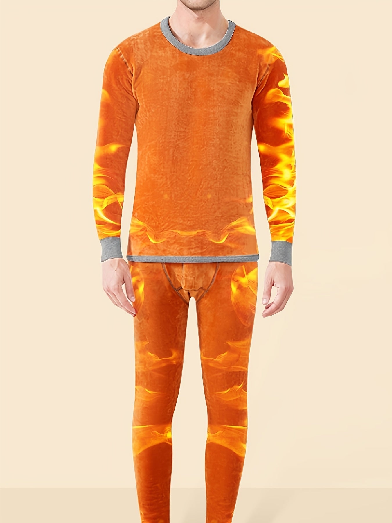 Мужской зимний флисовый пижамный комплект с круглым вырезом, однотонная трикотажная ткань, узкие штаны