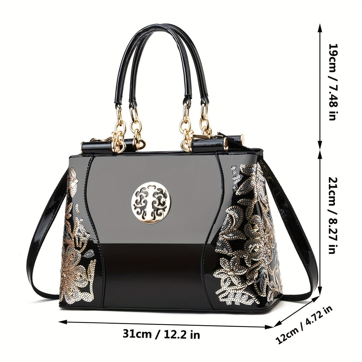 Sequined Flower Pattern Tote Bag for Women Zipper Adjustable Strap Festival Handbag