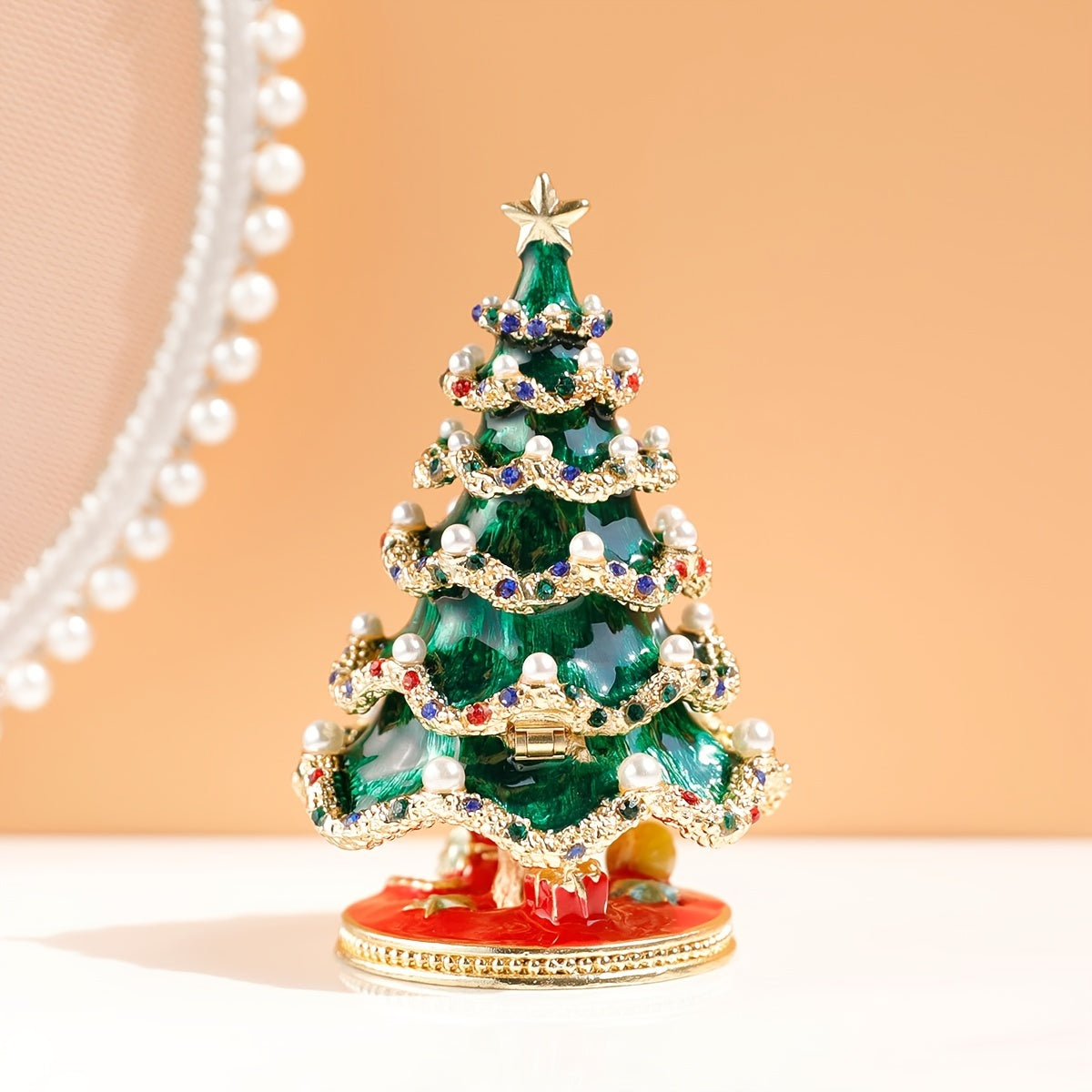 Painted Christmas Tree Jewelry Ornament Box for Holiday Gifts and Decorations