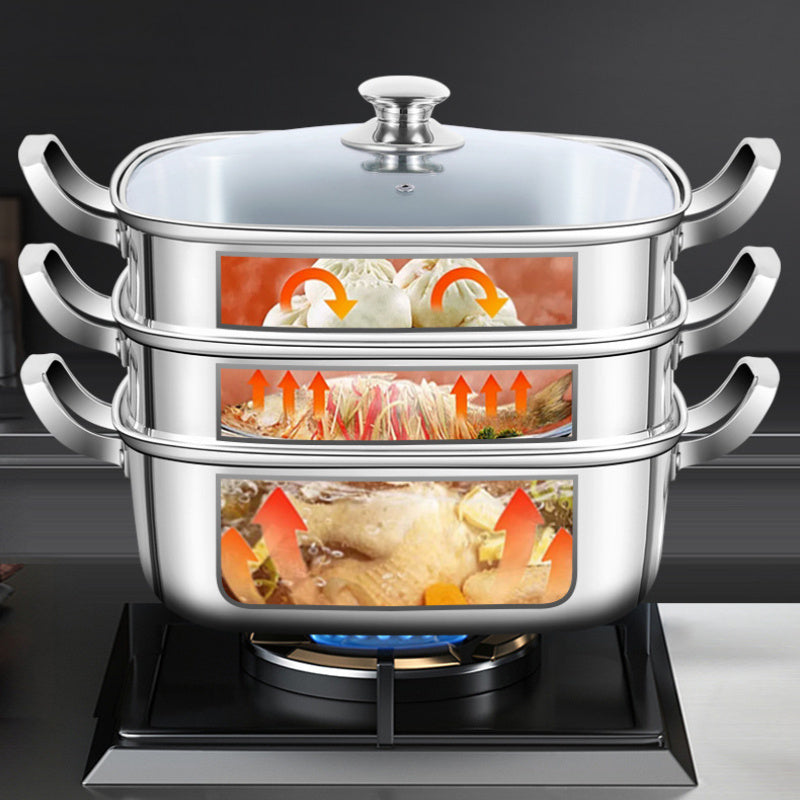 12-Inch Stainless Steel 3-Tier Steamer with Glass Lid, High Capacity, Durable