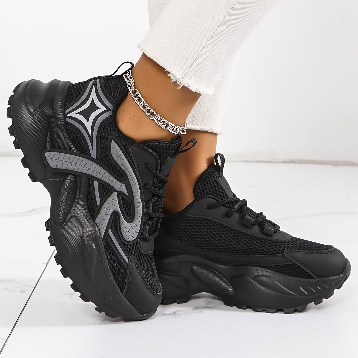 Women's Mesh Sneakers Lace Up Platform Breathable Non-slip Walking Shoes