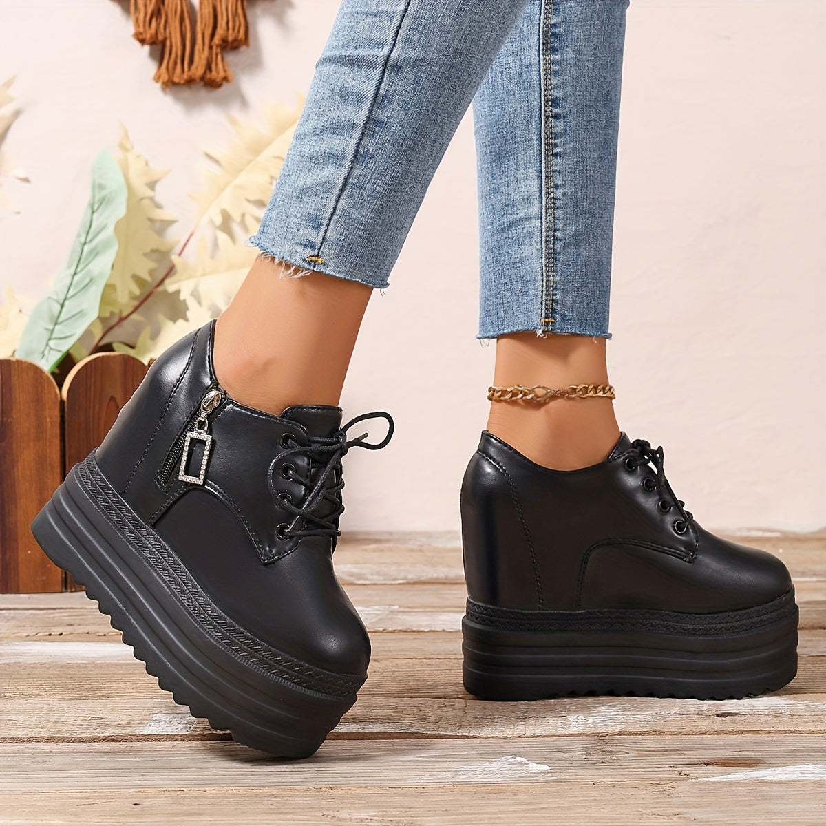 Zapatos de plataforma blancos para mujer con cremallera, suela gruesa y tacón alto