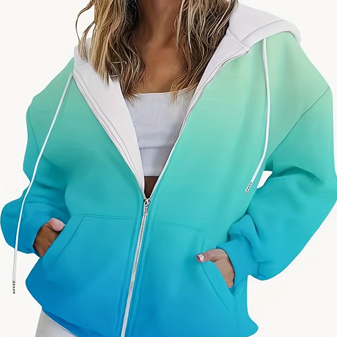 Women's Plus Size Gradient Ombre Hoodie with Zip Long Sleeve Knit