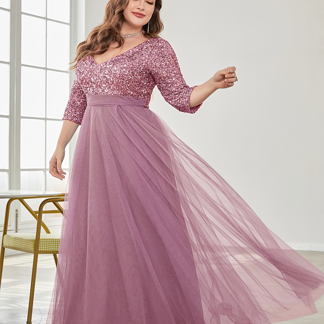 Vestido largo de novia y dama de honor con lentejuelas de talla grande, falda de tul