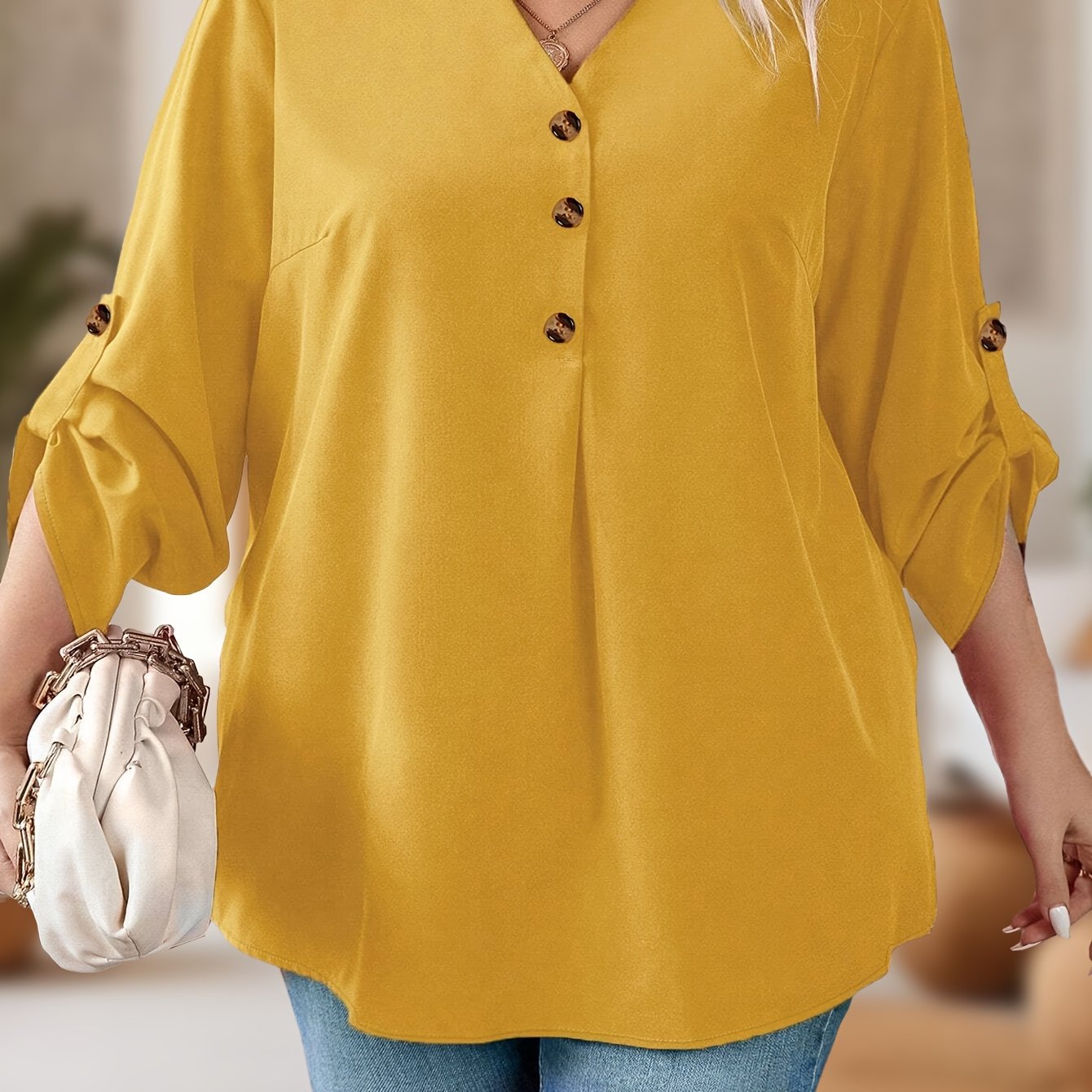 Plus o'lcham ayollar uchun V-yuqa kofta uzun qollik nafis to'liq rangli kundalik rasmiy