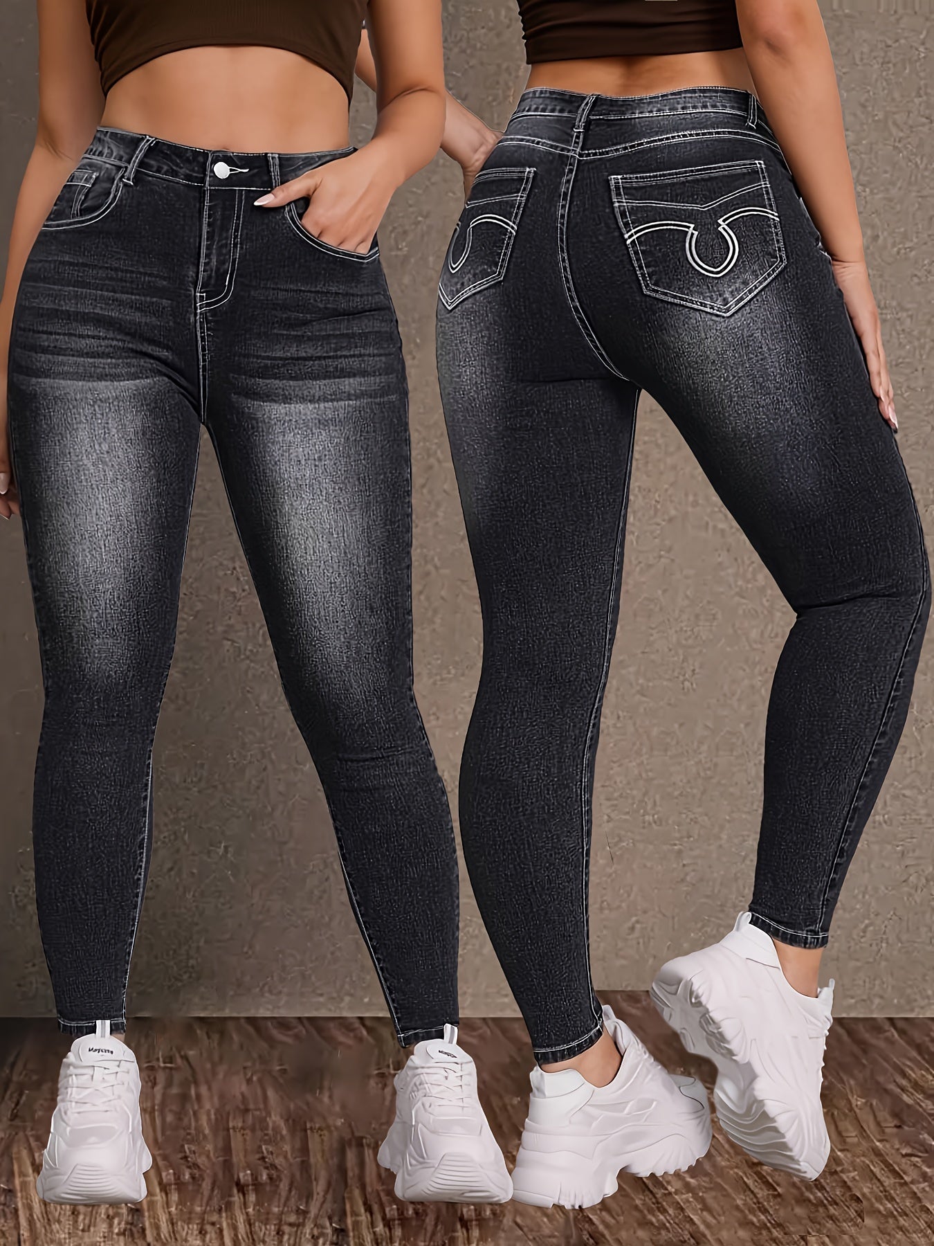 Plus Size Women Black Geometric Embroidered Stretch Denim Pants