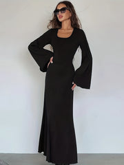 Women's Solid Color Ribbed Knit Dress with Long Bell Sleeves and Back Tie