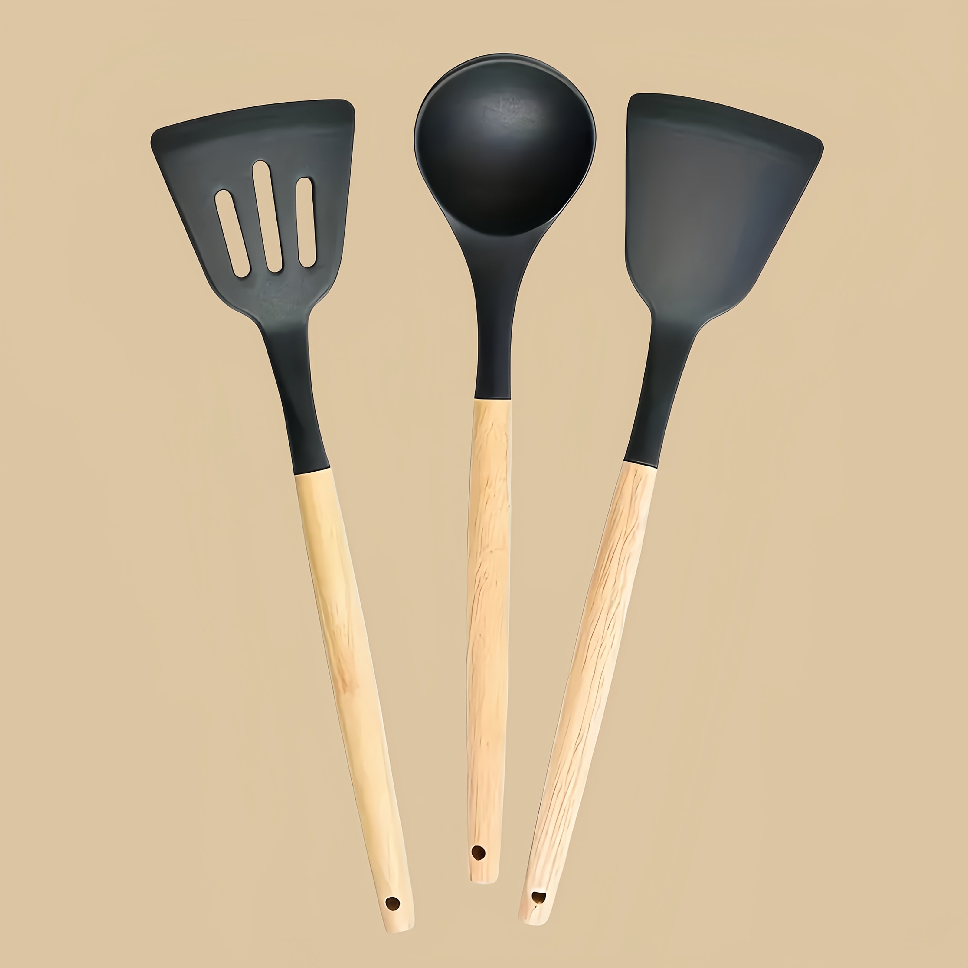 3 ta silikon non-stick pishirish asboblari to'plami, yog'och tutqichlar bilan, issiqlikka chidamli, suv o'tkazmaydigan qopqog'li qopqoq va qoshiq