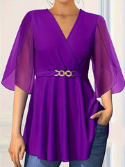 Women's Chiffon V-Neck Top With Cinched Waist Lightweight Comfortable