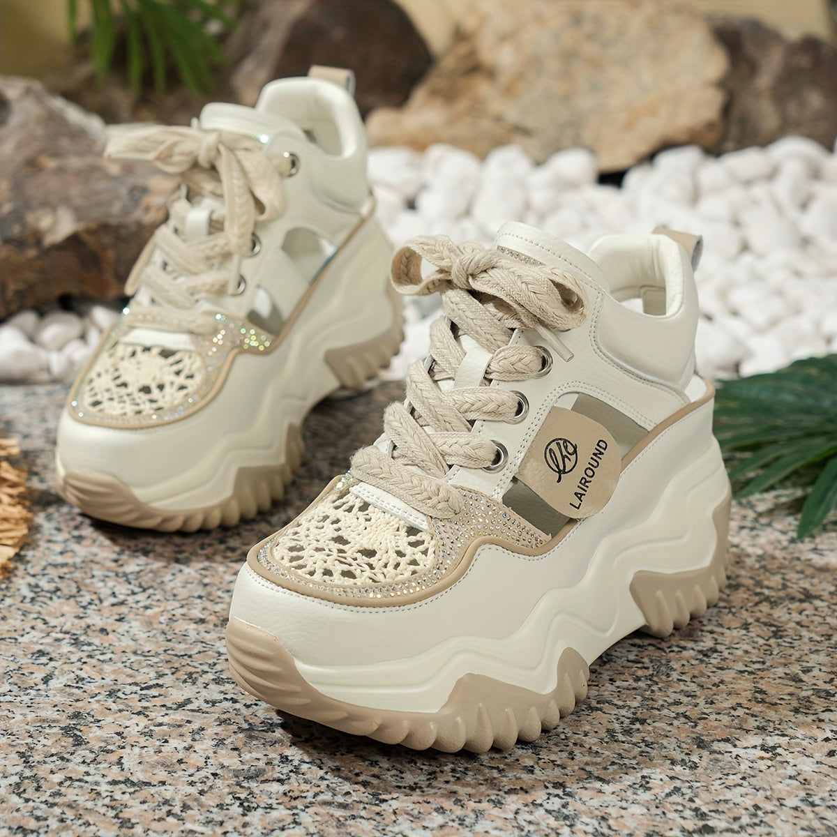 Women's Solid Color Lace-Up Platform Sneakers Breathable Low-Top Casual Shoes