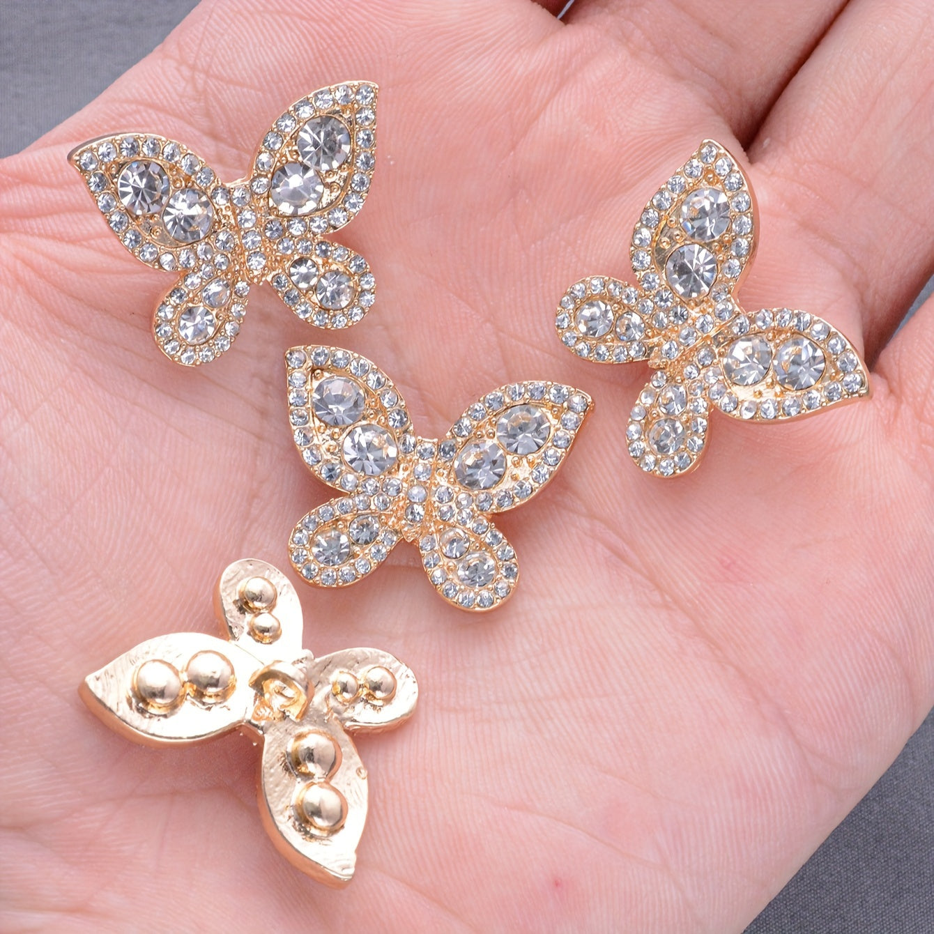 Set of 5 French-Inspired Butterfly Buttons with Rhinestones Metal Alloy Decorative Fasteners for Clothing