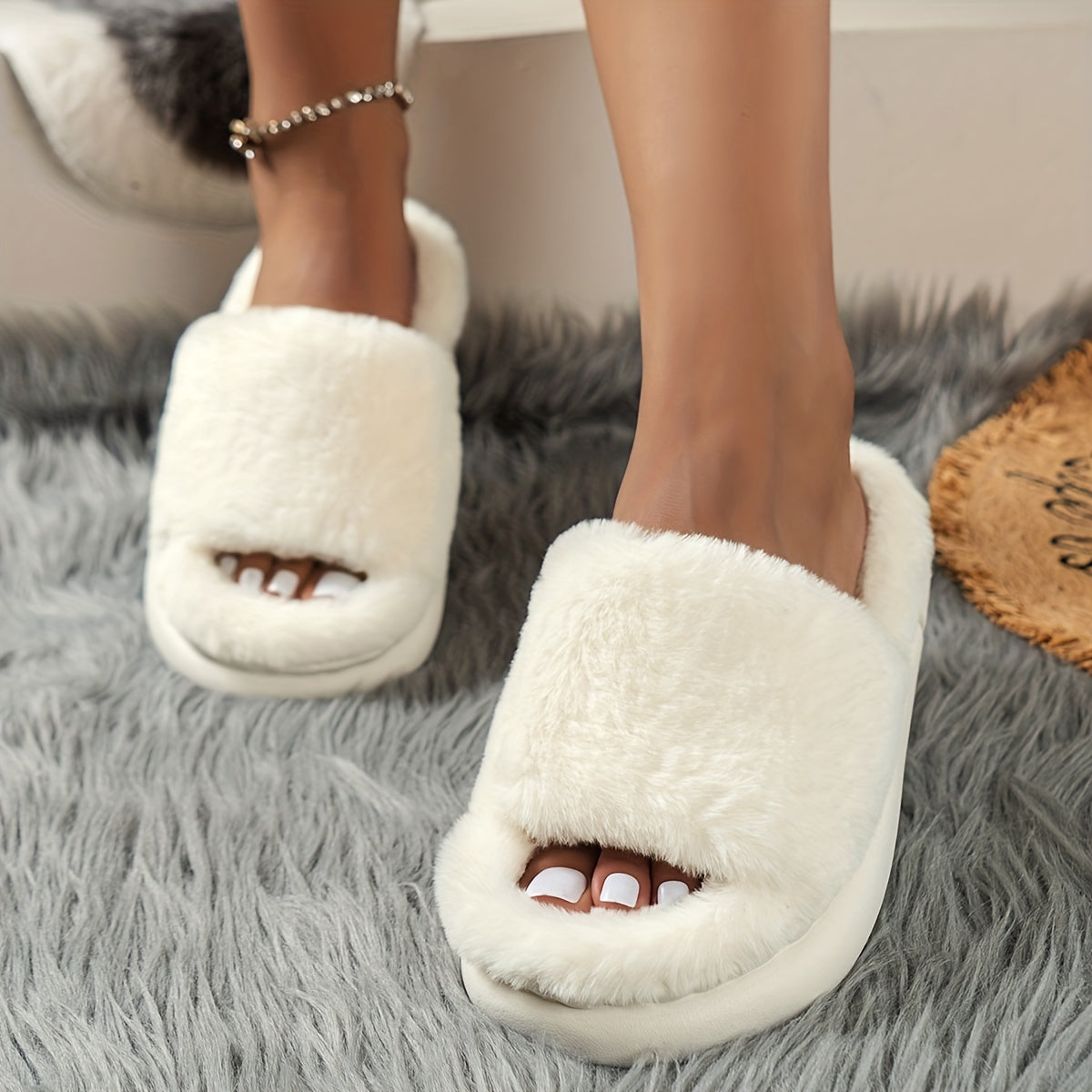 Women's Faux Furry House Slippers Open Toe Fuzzy Warm Comfortable