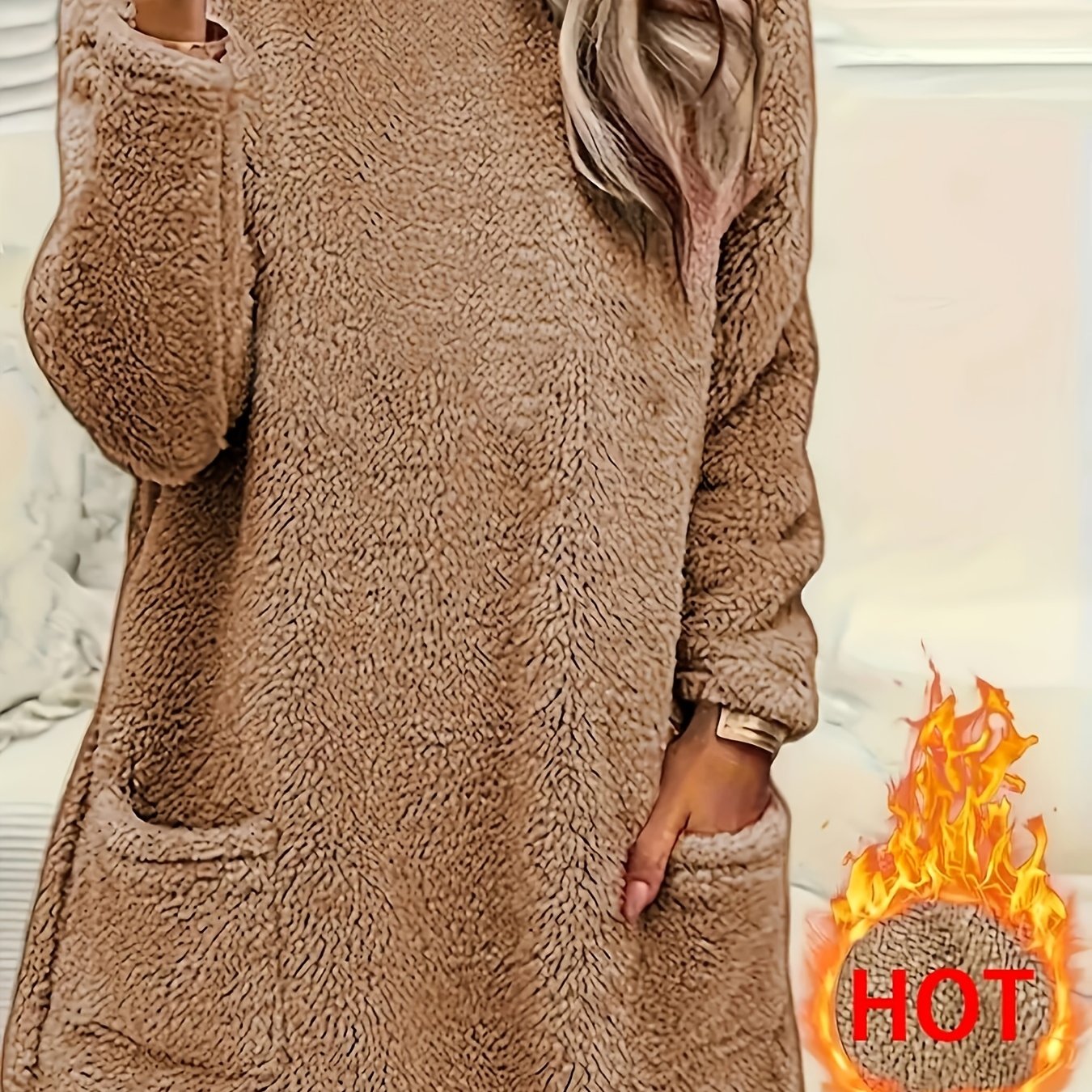 Adult Fleece-Lined Crew Neck Sweater with Pockets for Fall Winter Polyester Knit Solid