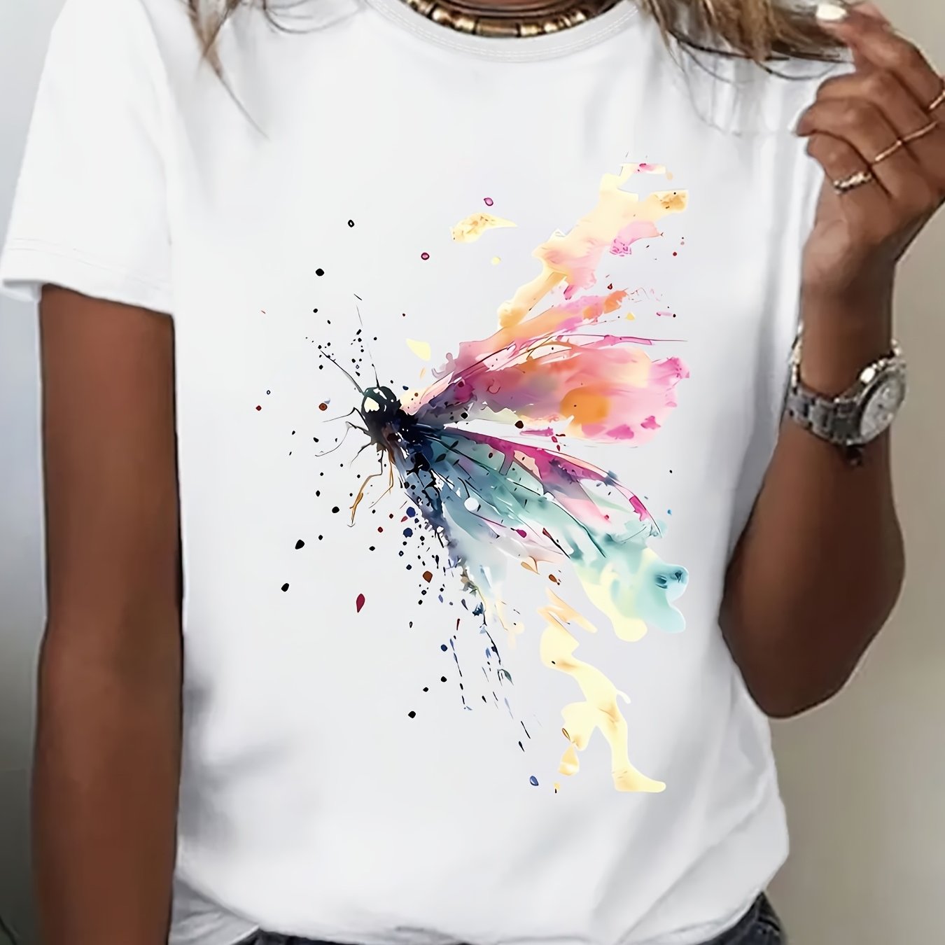 Plus Size Butterfly Print T-Shirt Casual Short Sleeve Crew Neck Top for Summer