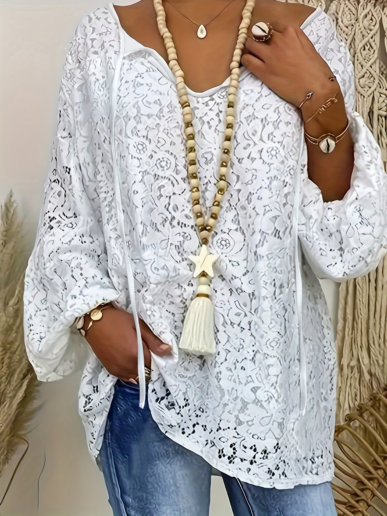 Plus Size White Lace V-Neck Top with Long Sleeves Knit Blouse for Women