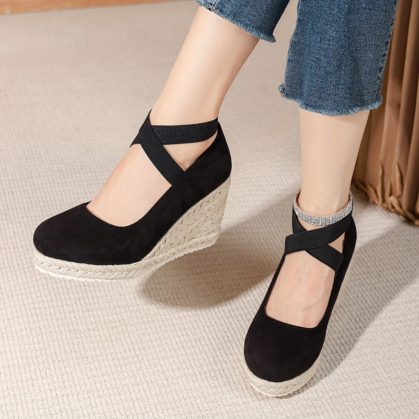 Women's Black Wedge Heel Shoes - Comfortable Fabric Vamp, Elastic Cross Straps