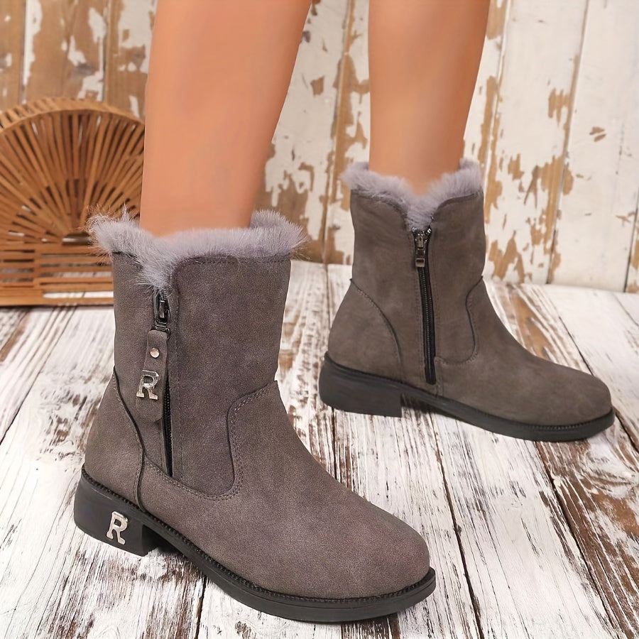 Women's Velvet Frosted Short Snow Boots Thick Heel Non-Slip Mid Calf