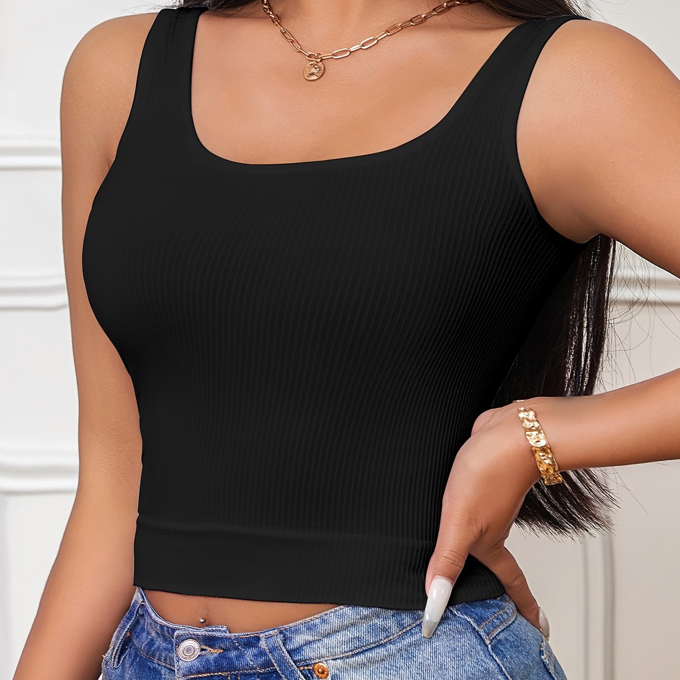 Women's Ribbed Tank Top with High Elasticity Solid Color Slim Fit Sleeveless Vest