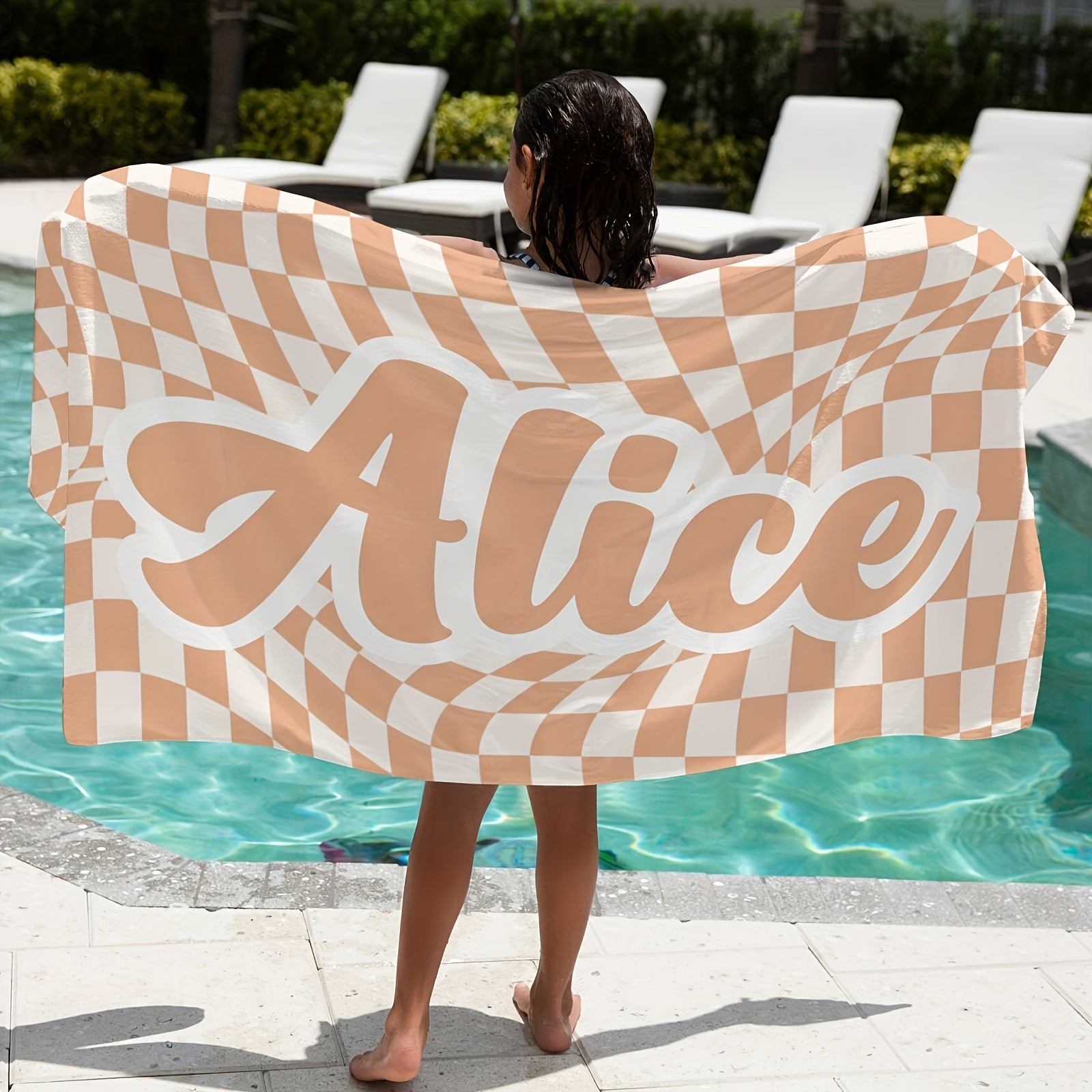 Customized Lattice Pattern Beach Towel with Name Quick-Drying and Absorbent for Beach Swimming Camping