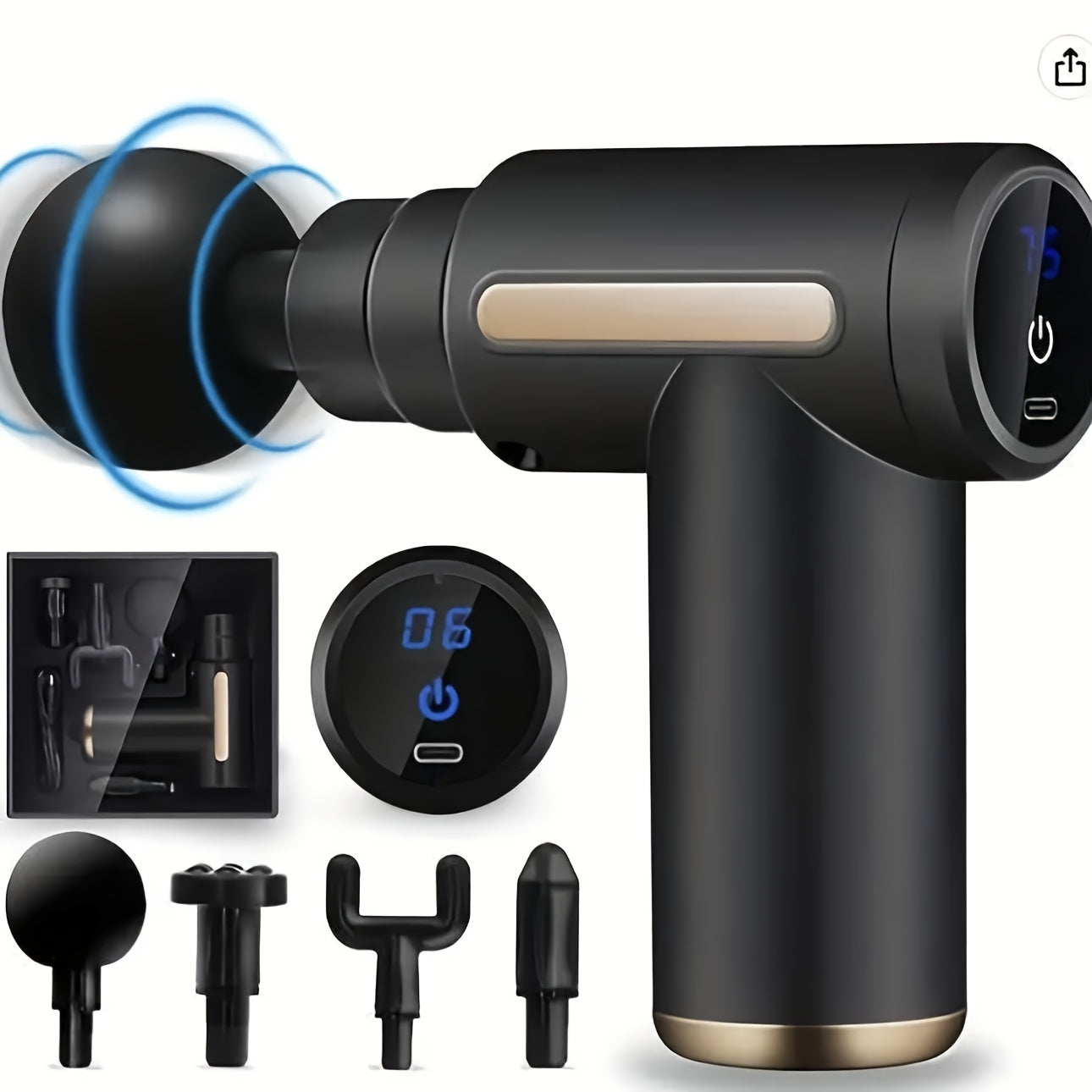 LCD displeyli, 6 tezlik sozlamalari, 4 zarba boshli, bir rangli, PVC materialdan yasalgan, to'liq tana chuqur mushaklarni bo'shatish uchun USB orqali zaryadlanadigan fasial massaj quroli.