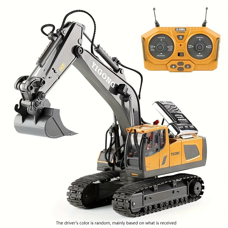Juguete excavadora RC inalámbrica con pala de metal, 11 canales, recargable por USB, amarillo