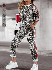 Women's Long Sleeve Leopard Print Two-Piece Set with Pockets for Spring and Fall