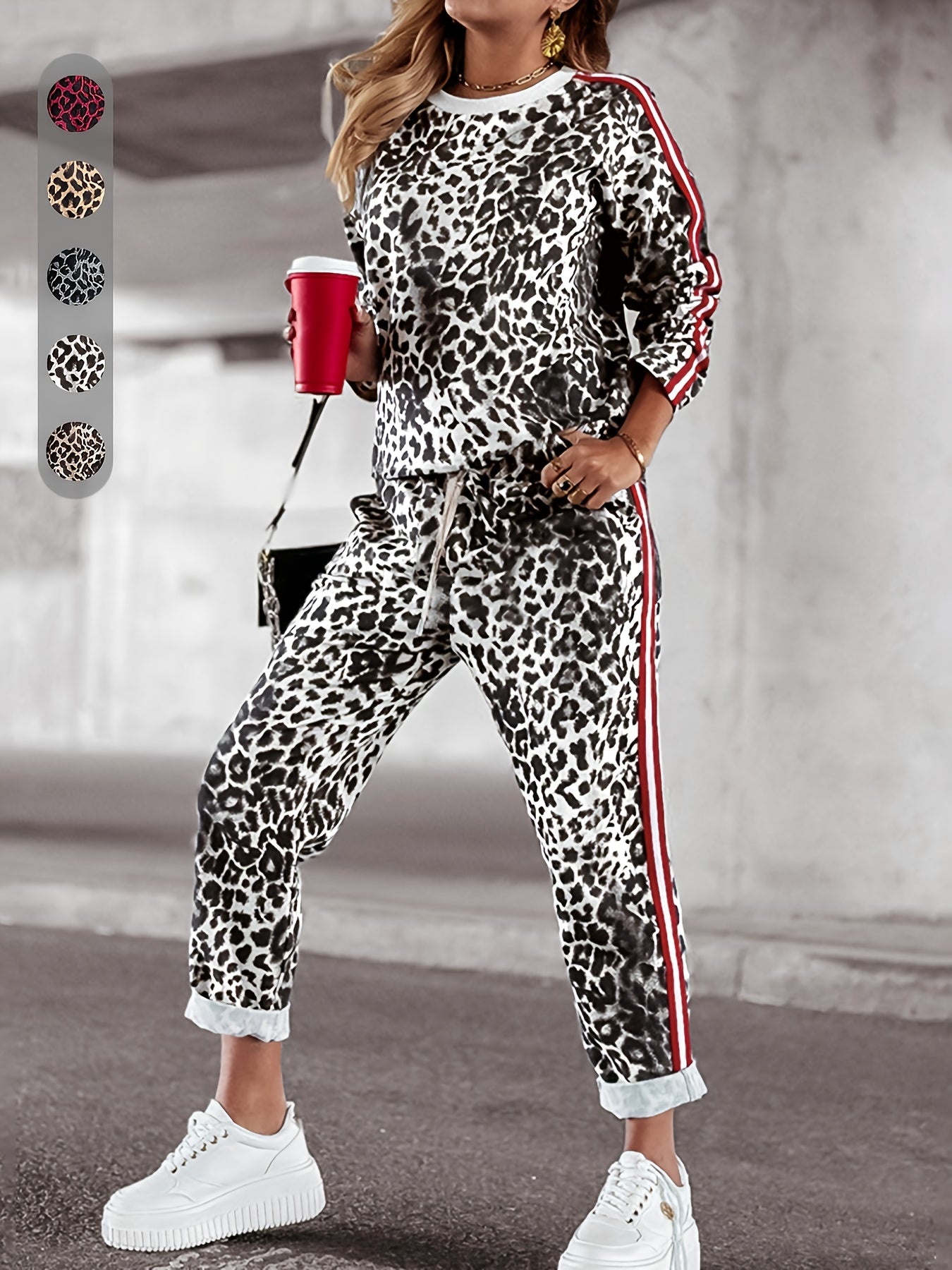 Women's Long Sleeve Leopard Print Two-Piece Set with Pockets for Spring and Fall