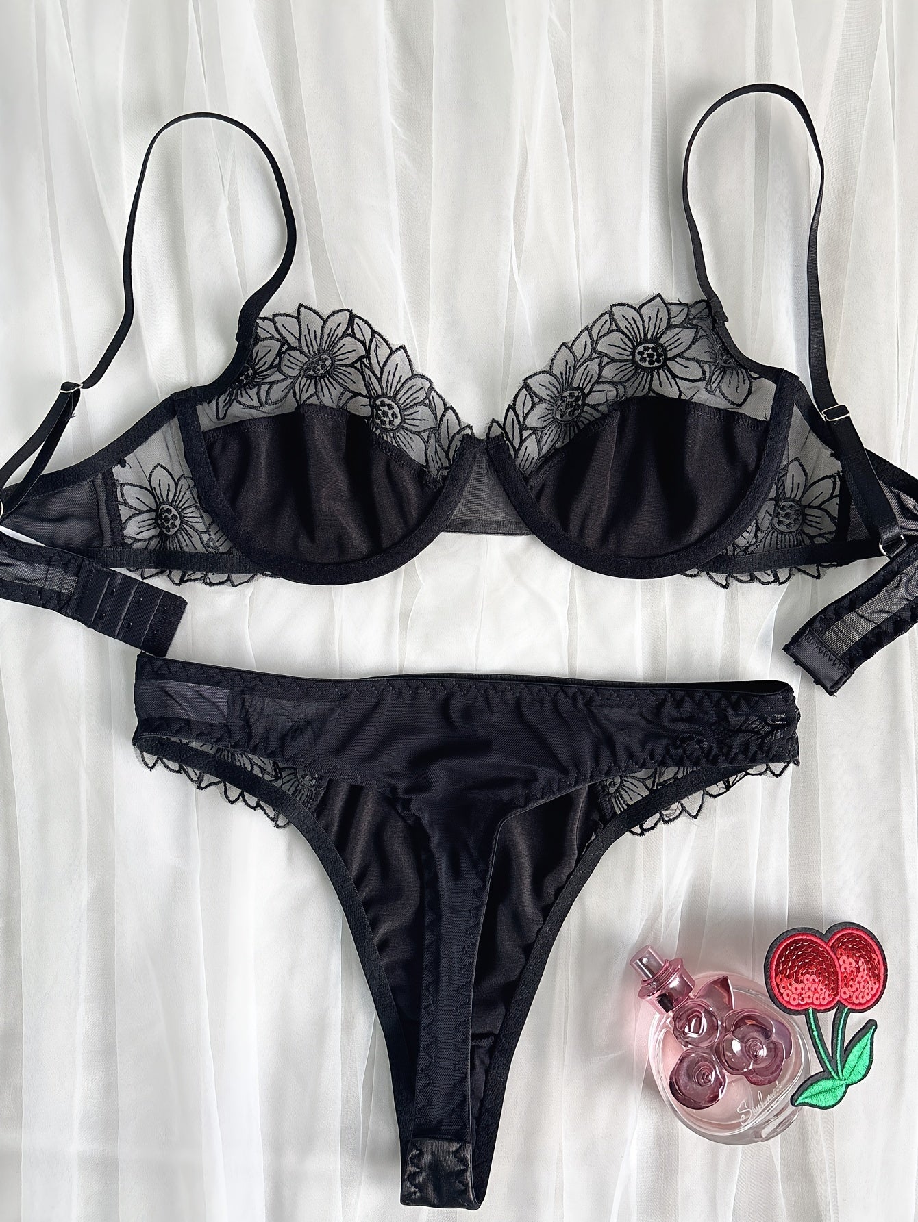 Black Floral Embroidered Lingerie Set for Women Bra and Panties Medium Support
