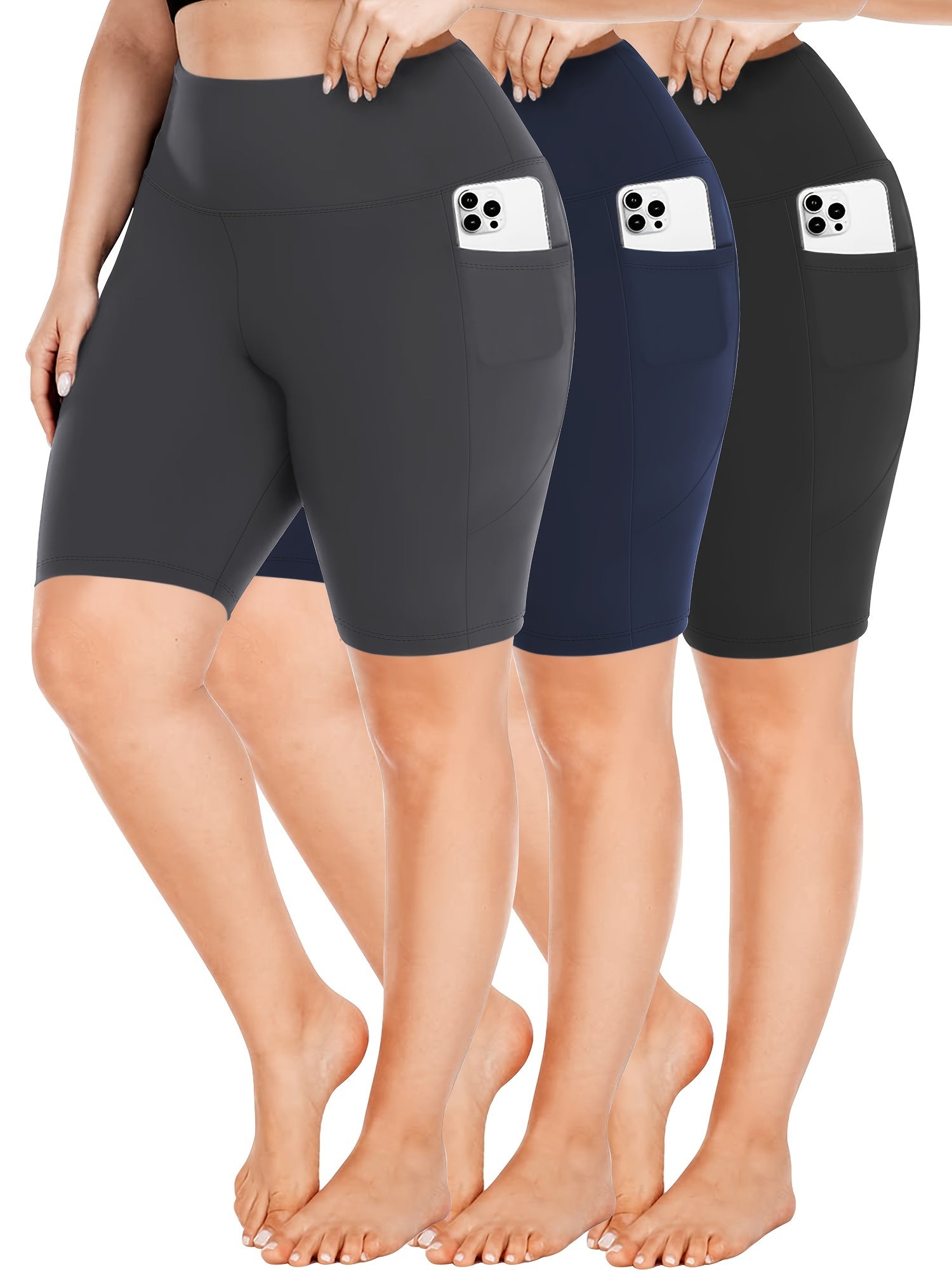 Women's Plus Size High Waist Solid Color Shorts Activewear Set of 3