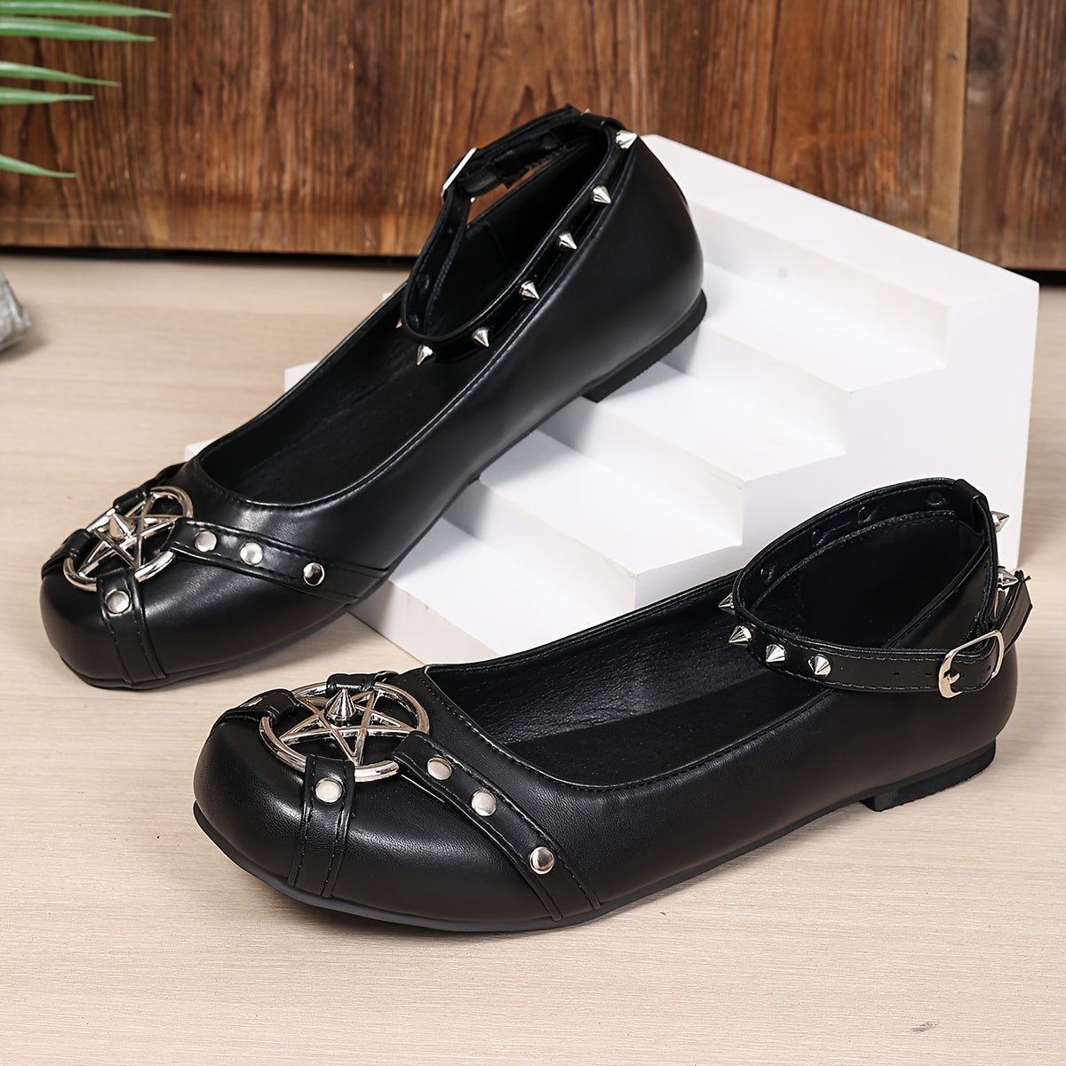Women’s Gothic Flats with Metallic Buckle Straps Synthetic Round Toe Black All-Season Comfortable Shoes