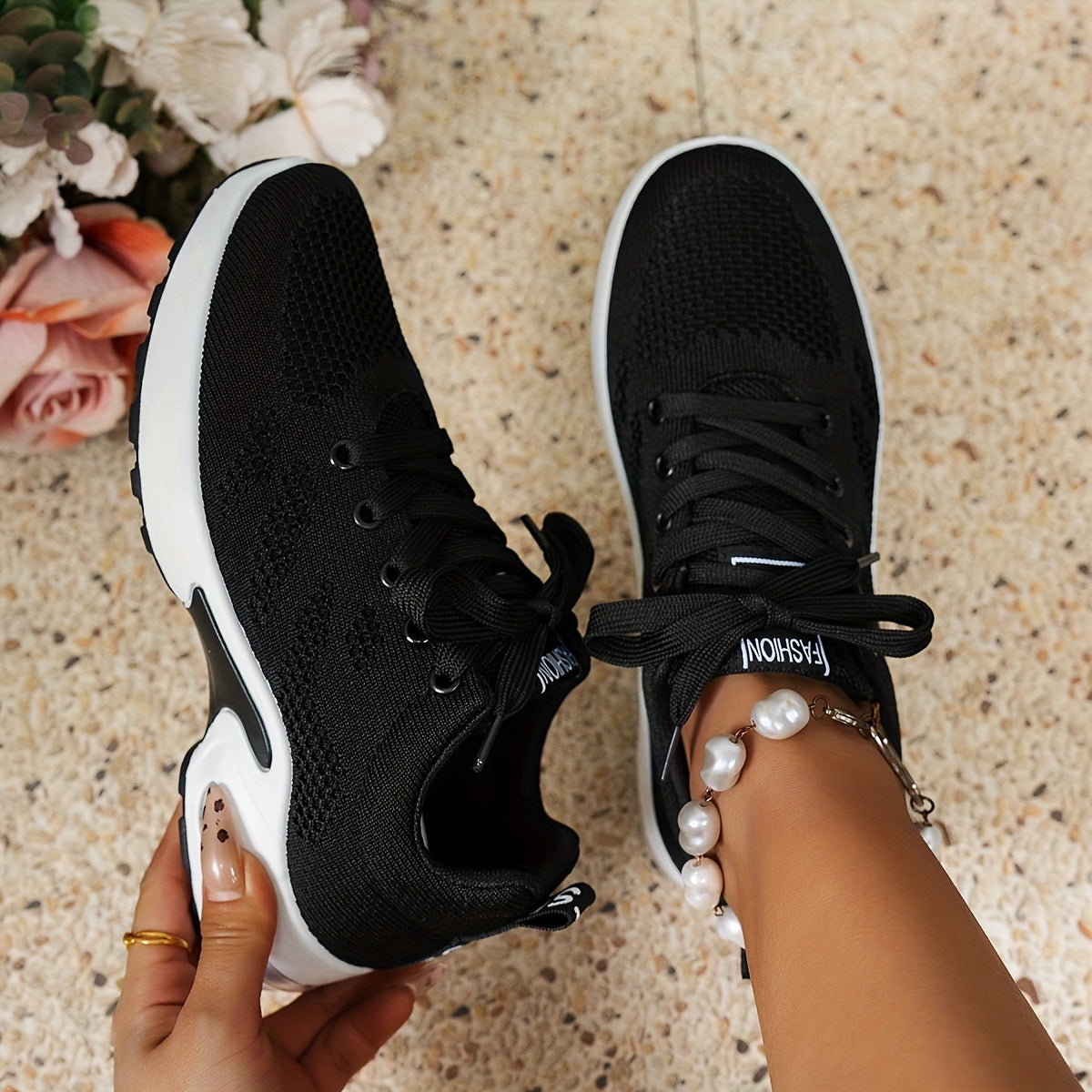 Women's Breathable Running Sneakers with Air Cushion Low-Top Tennis Shoes Black Pink