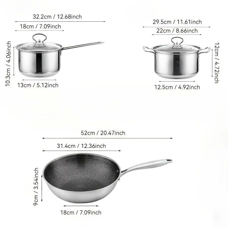 Stainless Steel Cookware Set 5 Pieces Non-Stick Honeycomb Design Pots Pans