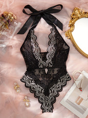 Women's Lace Teddy with Halter Tie Neck and Backless Design for Lingerie