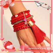 Red Beaded Heart Bracelet with Tassel Pendant Multi-Layer Boho Style for Women