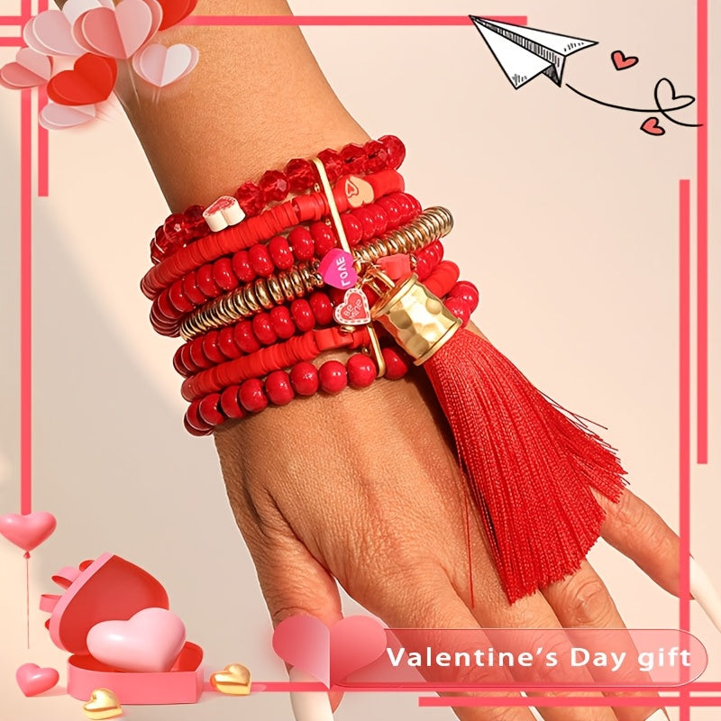 Red Beaded Heart Bracelet with Tassel Pendant Multi-Layer Boho Style for Women