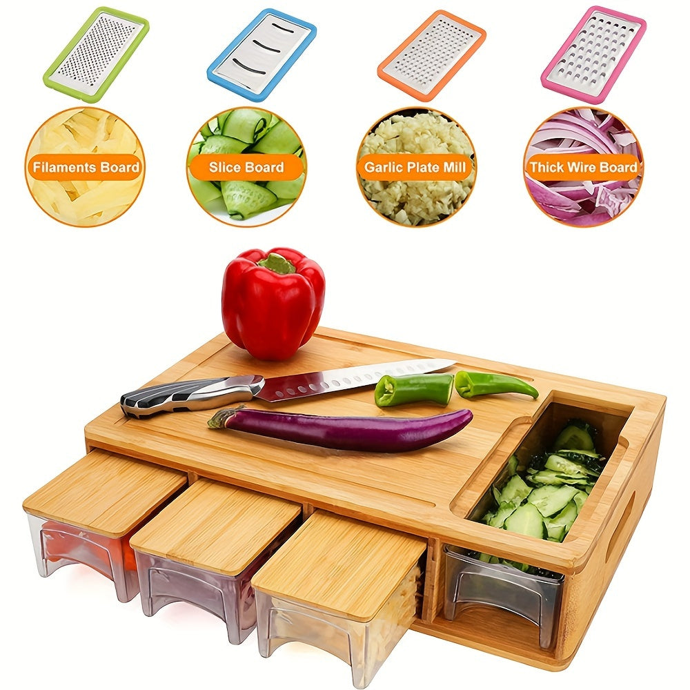 Bamboo Chopping Board with Drawer Containers and Juice Grooves Kitchen Organizer