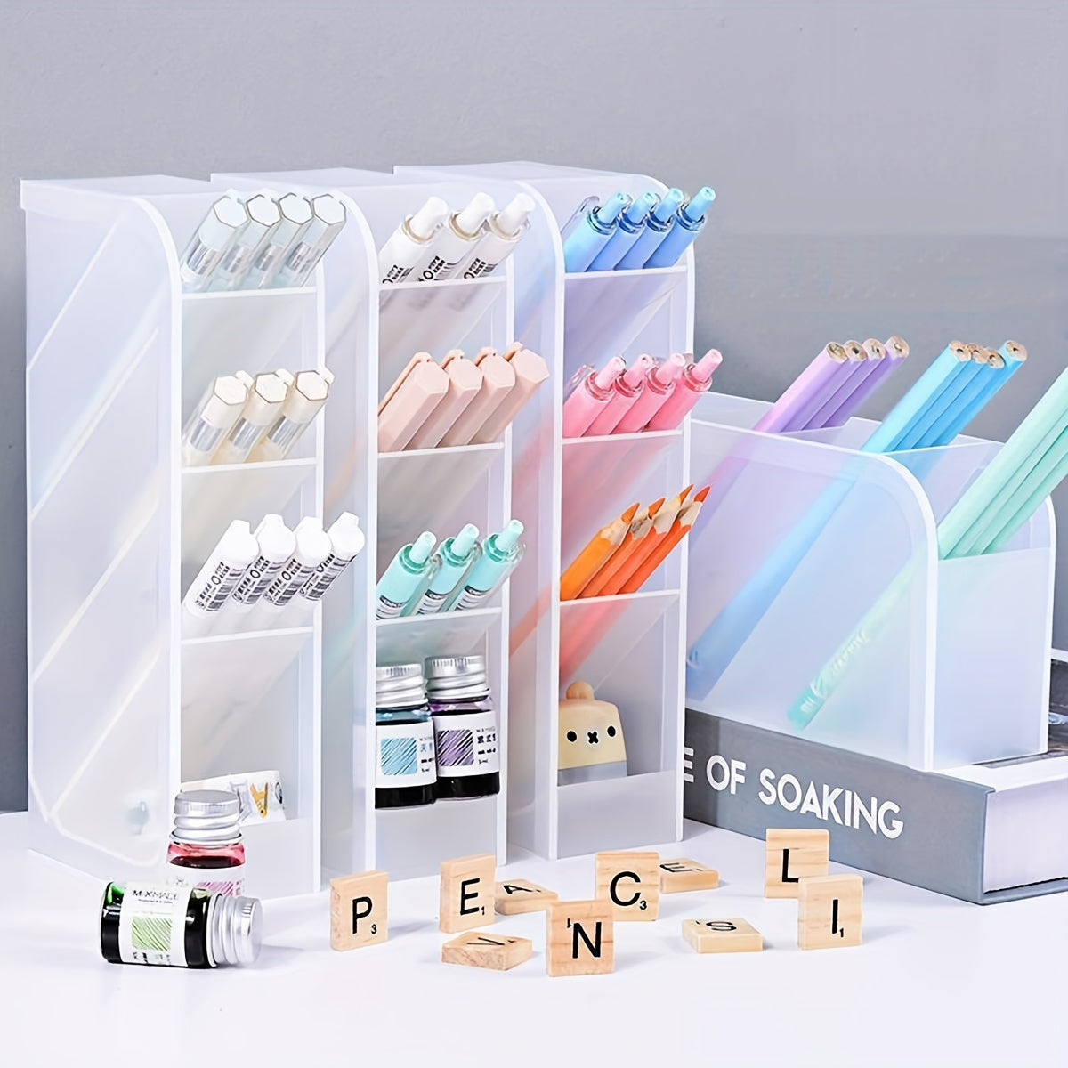 4-Compartment Vertical Desk Organizer with Slant Insert Space-Saving Plastic Storage