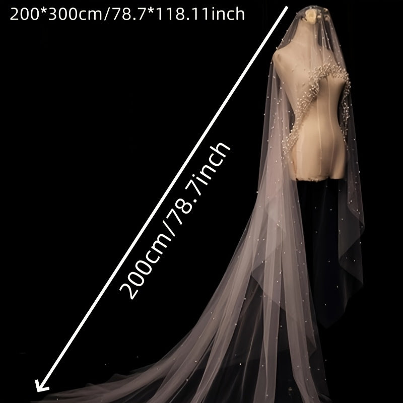 Bridal Veil Long Train Beaded Detail Polyester Wedding Accessory