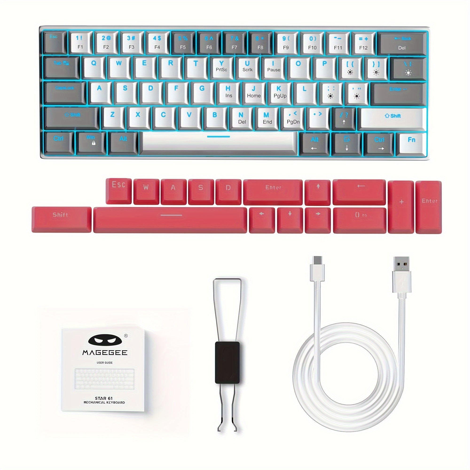 Ergonomic 60% Mechanical Gaming Keyboard Blue Switches Sea Blue Backlit Compact USB